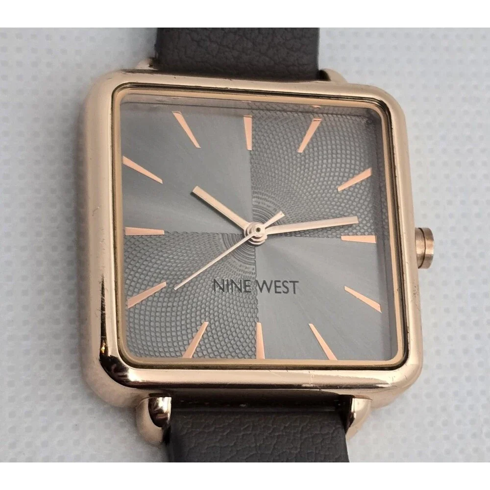Women's Nine West Casual Square Rose Gold Tone Case Gray Leather Strap Watch 13 - Picture 7 of 9